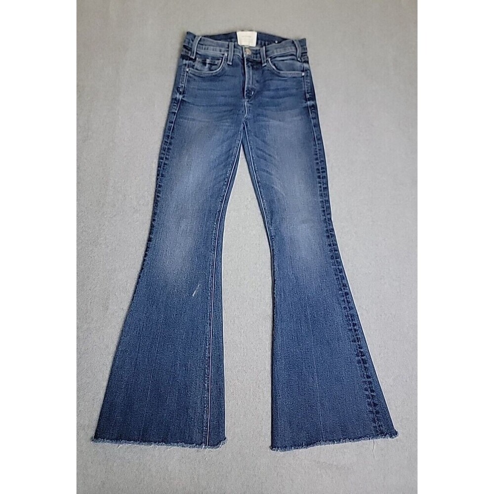 McGuire Jeans Womens 26 25x29  Flare Stretch Dark Blue Low Rise Raw Hem Fray USA